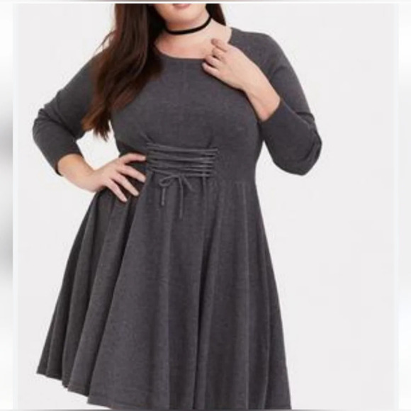 Torrid dark gray lace up mini sweater dress 100% cotton size 1 (14/16) - Picture 2 of 11